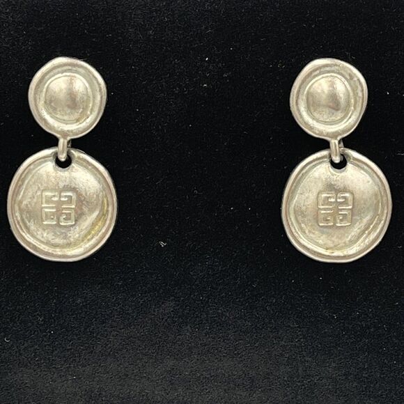 Givenchy Vintage 4G Logo Earrings Pierced Drop Medallion Brushed Silver Dangle - Picture 3 of 7